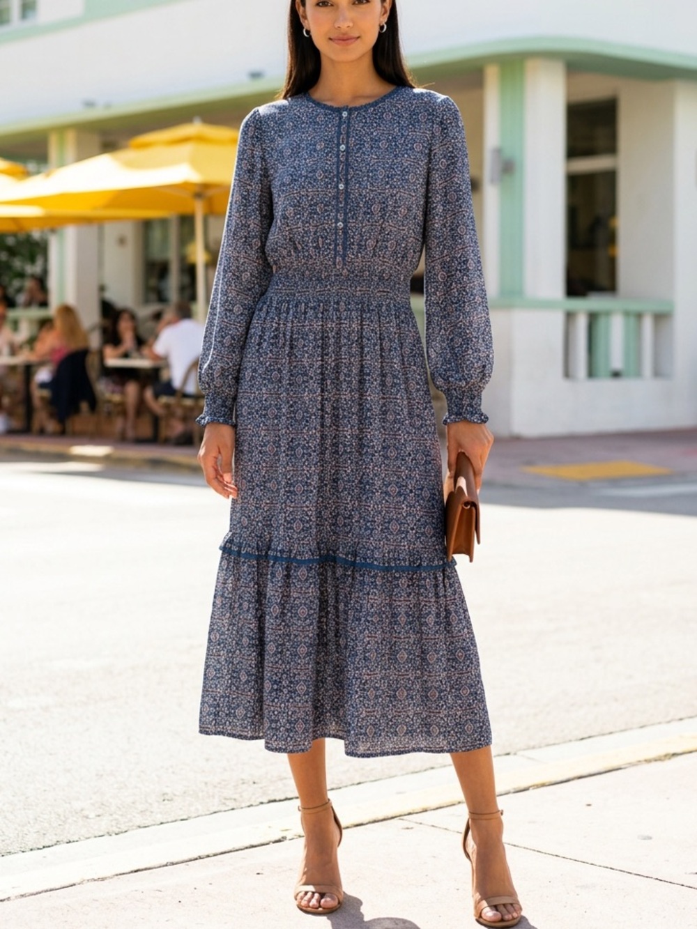 MAX STUDIO Floral Print Long Sleeve Midi Dress